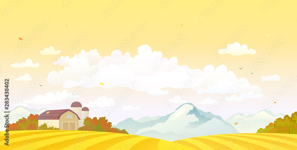 Vector drawing of a fall farm fields and sunset sky and clouds background