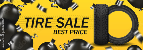 Banner tire sale with car tire and black balloons and confetti on yellow background