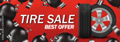 Tire sale with car wheel and black balloons and confetti on red background poster card