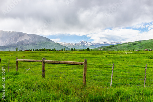 Crested Butte, Colorado countryside with rural fence and flowers growing in summer on cloudy day with green grass and mountain view