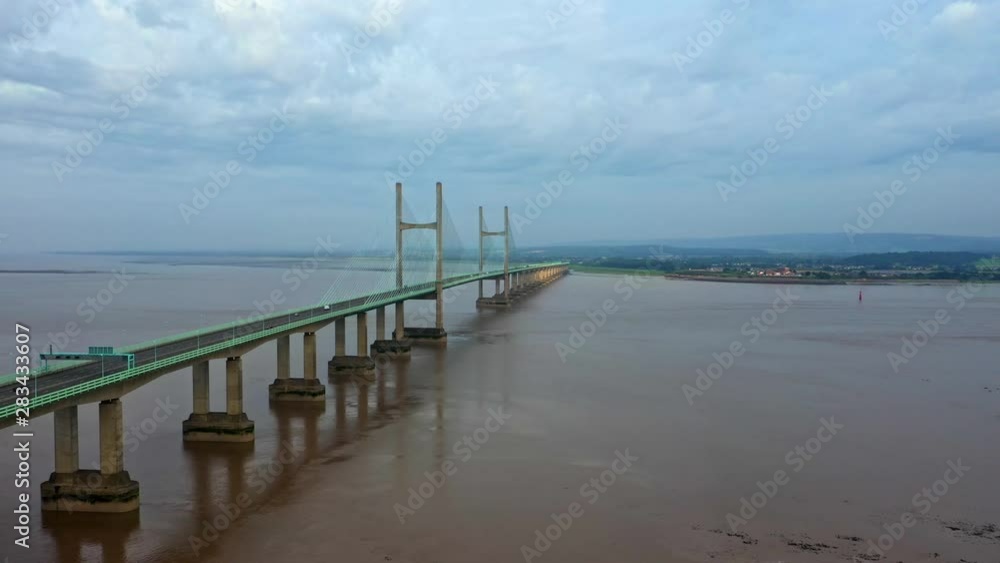 Low aerial flight following the Second Severn Crossing towards Wales Low aerial flight following the Second Severn Crossing towards Wales