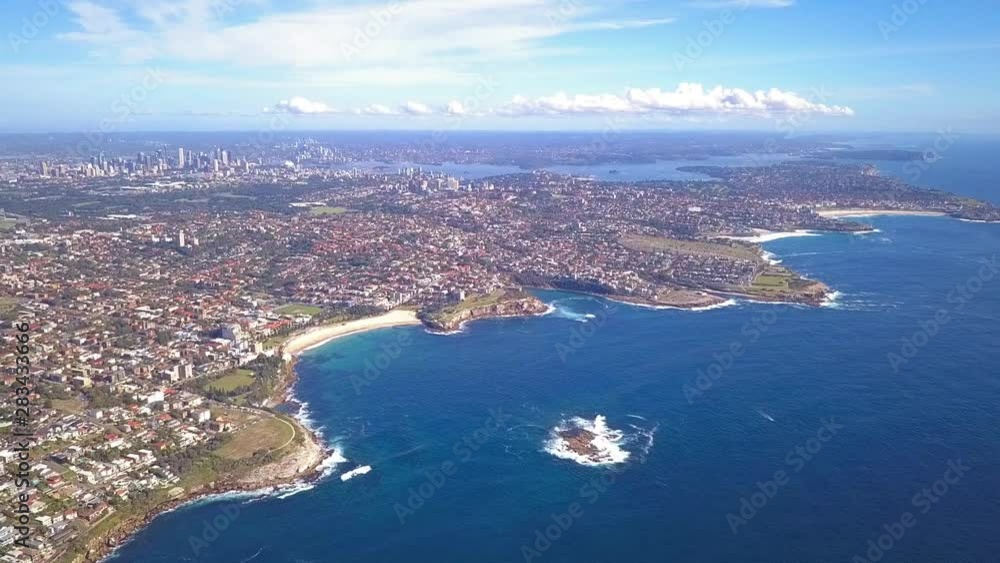 Aerial shot of one of the beach in Sydney from Helicopter in the morning. Amazing city view, Sydney, Australia