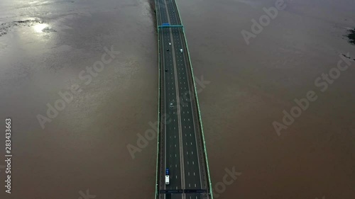 Birds eye view looking down on the Second Severn Crossing bridge over the River Severn photo