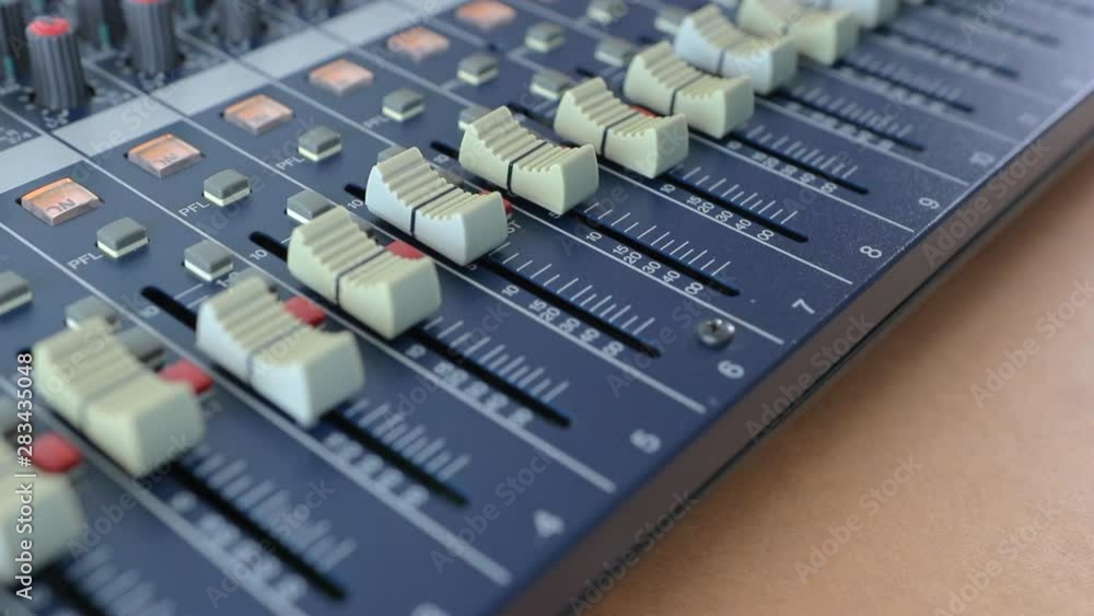 Professional audio mixer with many channels, Musical player for tuning of stage close up Professional audio mixer with many channels, Musical player for tuning of stage close up