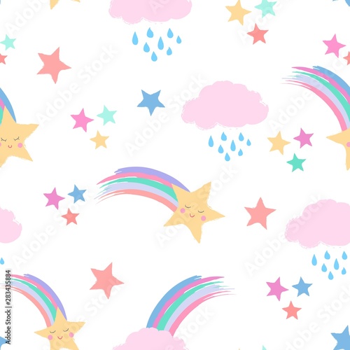 Seamless repeat pattern in pastel colors with shooting stars with cute smiling faces, rainbows and clouds