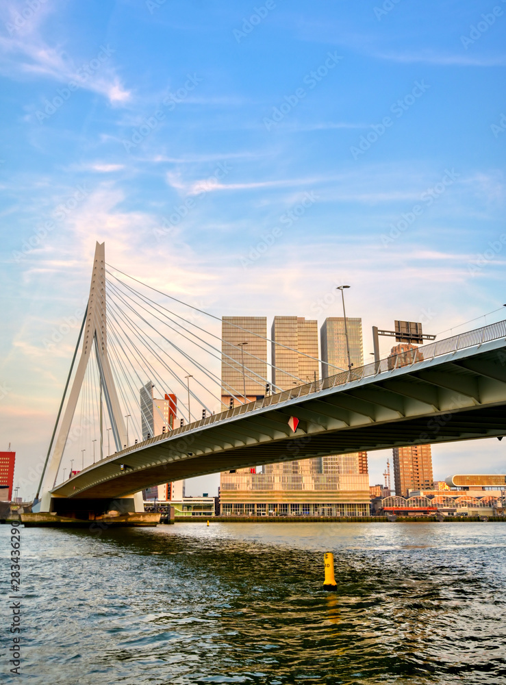 A view of the Erasmusbrug (Erasmus Bridge) which connects the north and south parts of Rotterdam, the Netherlands.