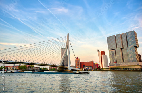 A view of the Erasmusbrug (Erasmus Bridge) which connects the north and south parts of Rotterdam, the Netherlands.