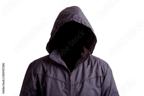 front of hacker man with dark face isolated on white background