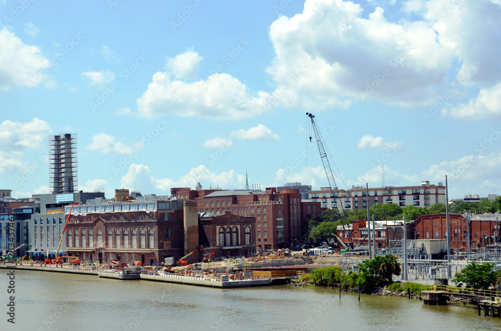 Construction site on the waterfront of the Savannah city, Georgia. 