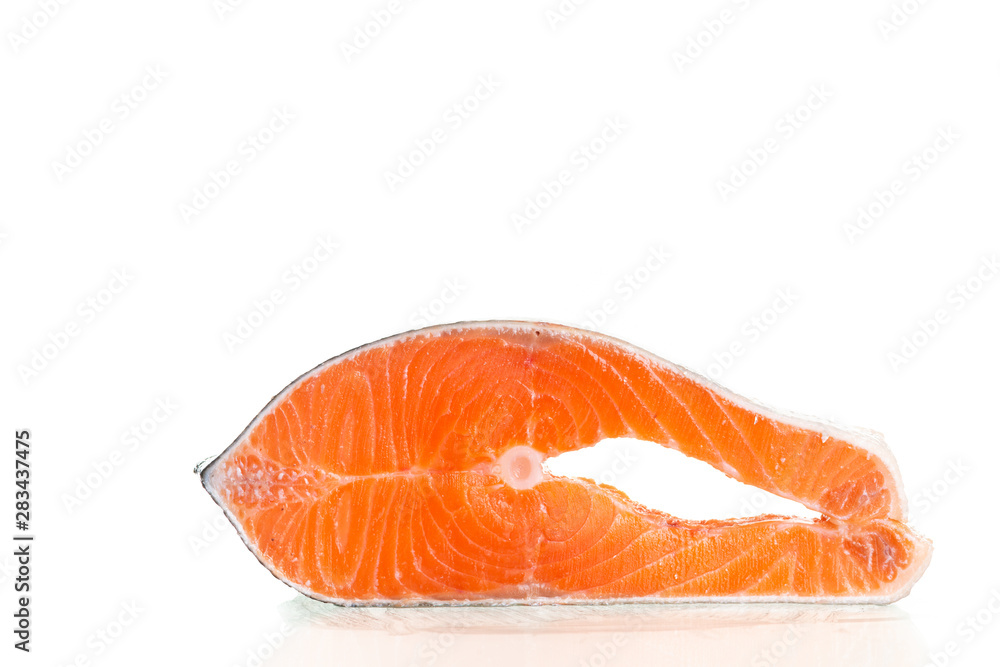 Fresh raw salmon fish steak on white Fresh raw salmon fish steak on white