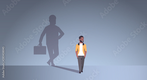 african american guy dreaming about being businessman shadow of business man with briefcase imagination aspiration concept male cartoon character standing pose full length flat horizontal