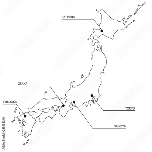 シンプルな日本地図と主要都市