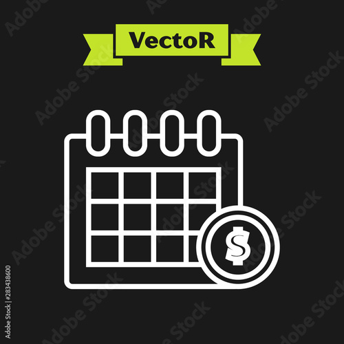 White line Financial calendar icon isolated on black background. Annual payment day, monthly budget planning, fixed period concept, loan duration. Vector Illustration