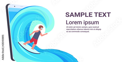 surfer man wearing digital glasses surfing on wave guy on surfboard headset vision virtual reality technology concept smartphone screen online mobile app flat full length horizontal copy space