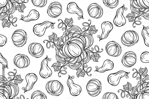 Black and white autumn vector seamless pattern. Pumpkins and autumn leaves background.