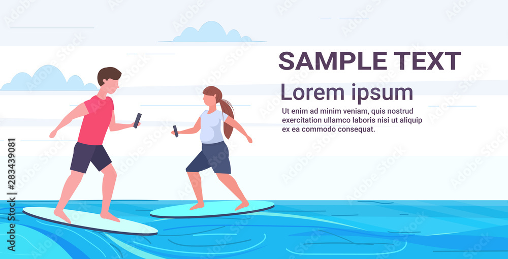 man woman surfers holding cellphones surfing on wave couple using smartphones online mobile app digital addiction concept flat full length horizontal copy space man woman surfers holding cellphones surfing on wave couple using smartphones online mobile app digital addiction concept flat full length horizontal copy space