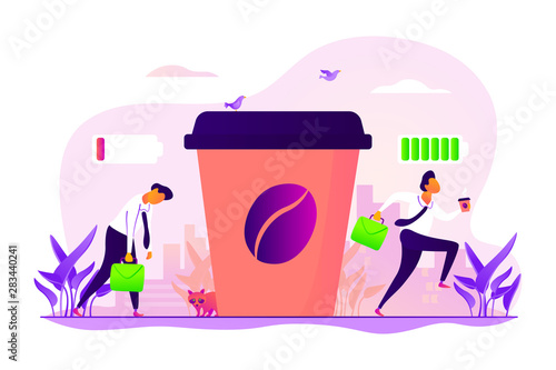 Depressed office worker, stress and emotional burnout. Caffeine stimulating effect. Coffee break, low energy, tiredness and energizing concept. Vector isolated concept creative illustration