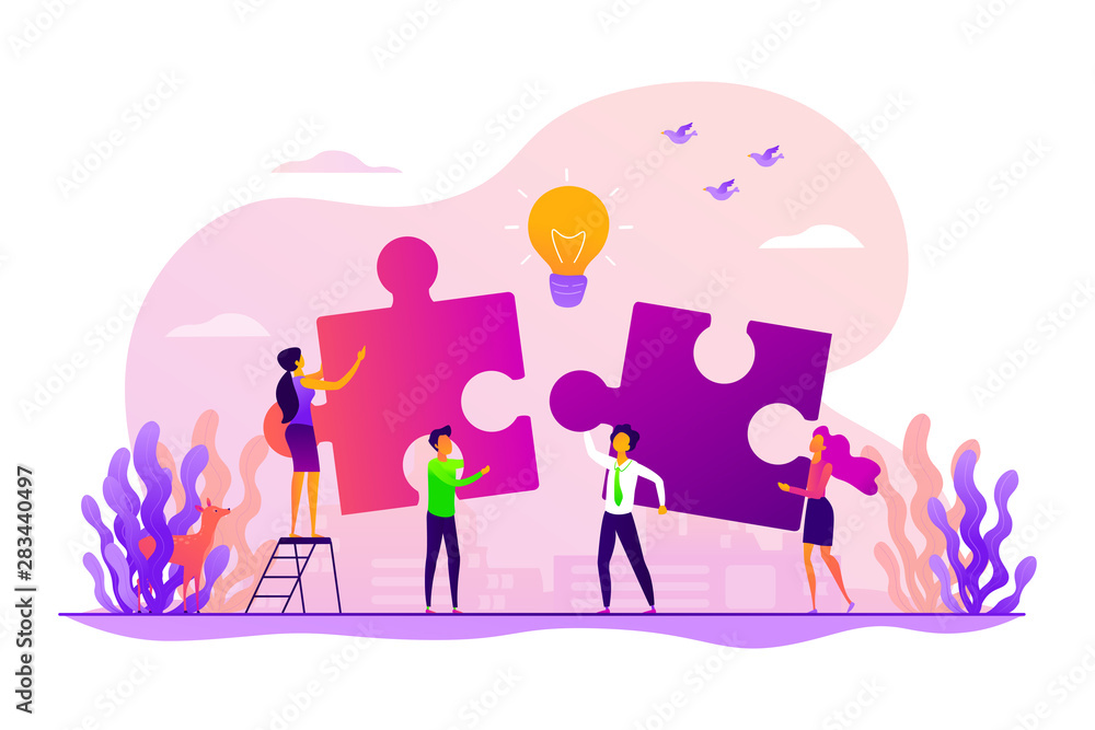 Finding solution, problem solving. Teamwork and partnership. Working team collaboration, enterprise cooperation, colleagues mutual assistance concept. Vector isolated concept creative illustration Finding solution, problem solving. Teamwork and partnership. Working team collaboration, enterprise cooperation, colleagues mutual assistance concept. Vector isolated concept creative illustration