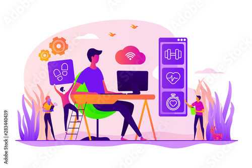 Activity and break reminder, app. Sedentary work, inactive lifestyle. Fitness tracker. IOT office desk, health tracking, working activity place concept. Vector isolated concept creative illustration