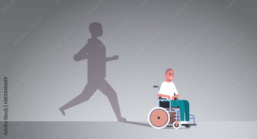 disabled guy on wheelchair dreaming about recovery shadow of healthy man running imagination aspiration concept male cartoon character full length flat horizontal