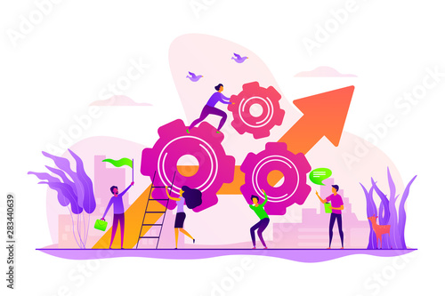 Startup work, success. Effective team-working, teamwork projects, teamwork skills, teamwork solutions, effective collaboration, Goal achievement concept. Vector isolated concept creative illustration