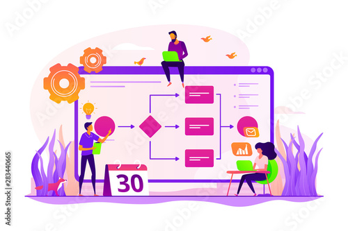 Teamwork  colleagues working on project. Startup launch. Business process management  business process visualization  IT business analysis concept. Vector isolated concept creative illustration
