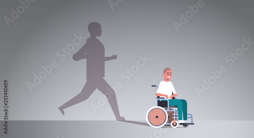 disabled guy on wheelchair dreaming about recovery shadow of healthy man running imagination aspiration concept male cartoon character full length flat horizontal