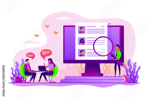 Job interview. Employee hiring. HR management. Employment service. Candidates seeker. Human resources, HR team work, headhunter service concept. Vector isolated concept creative illustration