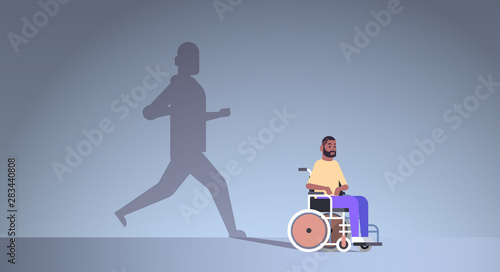 disabled african american guy on wheelchair dreaming about recovery shadow of healthy man running imagination aspiration concept male cartoon character full length flat horizontal