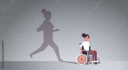 disabled girl on wheelchair dreaming about recovery shadow of healthy woman running imagination aspiration concept female cartoon character full length flat horizontal