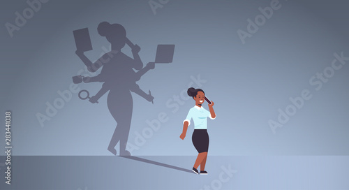african american businesswoman talking on phone shadow of busy business woman with many hands multitasking overworked concept female cartoon character standing pose full length flat horizontal