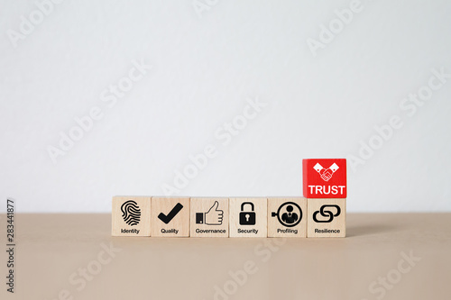 Business concept icons on wooden block.