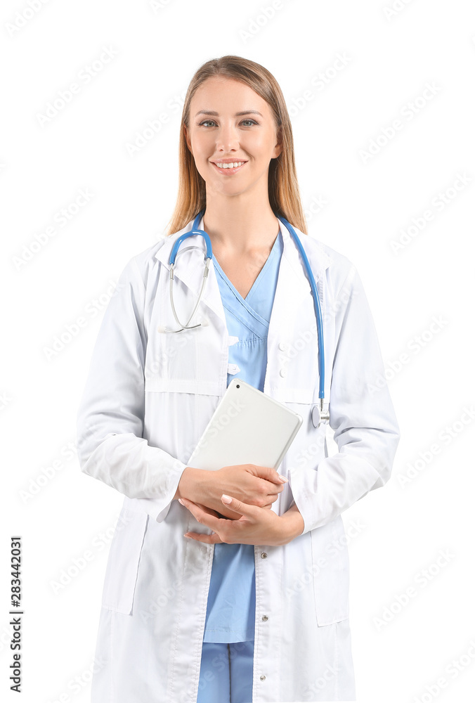 Female doctor with stethoscope and tablet computer on white background Female doctor with stethoscope and tablet computer on white background