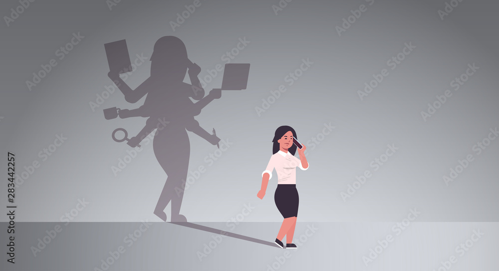 Obraz premium busy businesswoman talking on phone shadow of business woman with many hands multitasking overworked concept female cartoon character standing pose full length flat horizontal