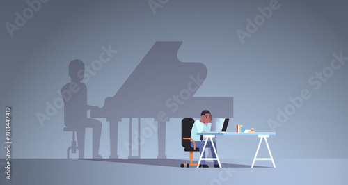 african american man sitting at workplace using laptop shadow of man playing piano imagination aspiration concept male cartoon character flat horizontal full length