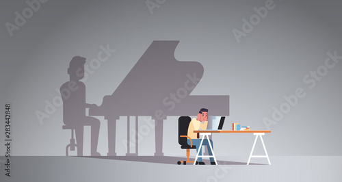 overworked man sitting at workplace using laptop shadow of man playing piano imagination aspiration concept male cartoon character flat horizontal full length vector illustration