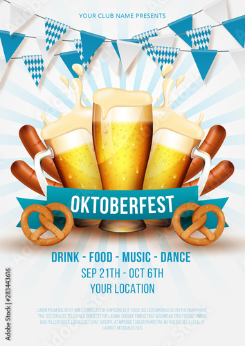 Oktoberfest party poster illustration with fresh beer, pretzel, sausage and blue and white party flag on white background. Vector Illustration