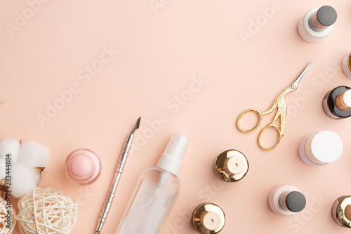 The concept of nail art. background for advertising a manicure salon and care for nails, close-up. nails care, with space, Flat lay, top view