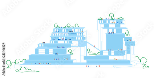 businesspeople working in different departments big business center corporate building model in cut detailed interior concept sketch doodle horizontal