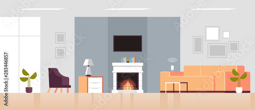 smart speaker voice recognition activated digital assistant smart home concept empty no people modern living room interior design flat horizontal