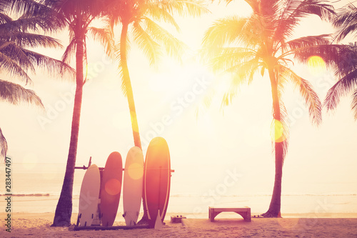 Fototapeta Naklejka Na Ścianę i Meble -  Surfboard and palm tree on beach background.