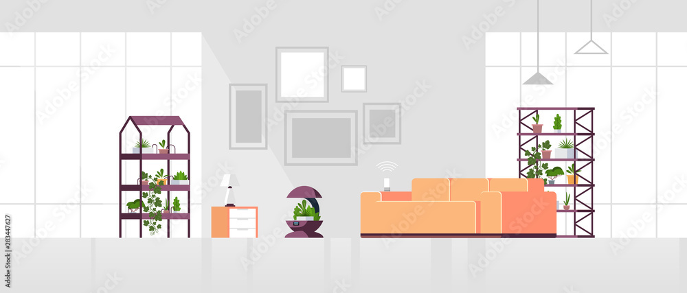 auto watering system controlled by smart speaker voice recognition activated digital assistant smart home concept modern living room interior flat horizontal auto watering system controlled by smart speaker voice recognition activated digital assistant smart home concept modern living room interior flat horizontal