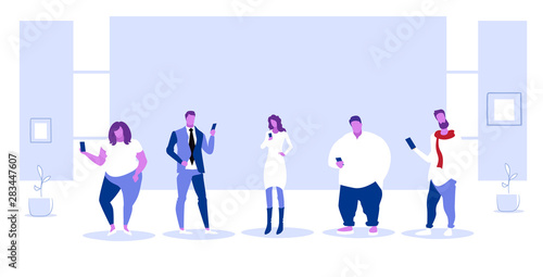 businesspeople group using cellphones men women texting with smartphones social media communication gidital addiction concept sketch horizontal full length