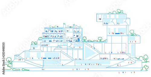 businesspeople working in different departments big business center corporate building model in cut detailed interior concept sketch doodle horizontal