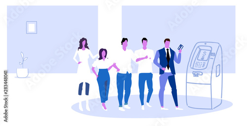 businesspeople standing in line queue withdrawing cash in atm automatic teller machine men women bank clients using credit card sketch horizontal full length