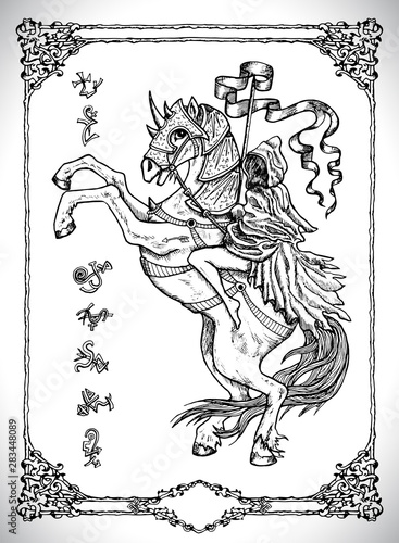 Girl rider in cloak sitting on horse. Vector line art engraved illustration in gothic style. No foreign language, all symbols are fantasy. Occult, esoteric, Halloween and mystic concept