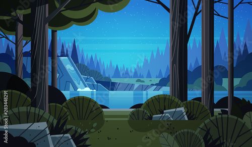 beautiful waterfall over rocky cliff night summer forest nature landscape background flat horizontal