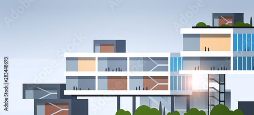 big business center cutaway corporate office building inside and outside construction model in section concept flat horizontal