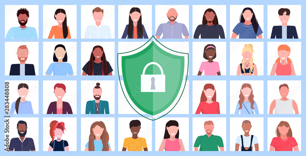 Fototapeta premium set different men women avatars privacy data protection access concept mix race people social network user profiles collection shield with padlock flat horizontal