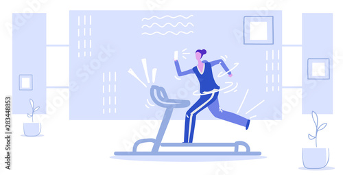 sportswoman running on treadmill girl using phone taking selfie on smartphone camera social media network healthy lifestyle concept sketch doodle horizontal full length